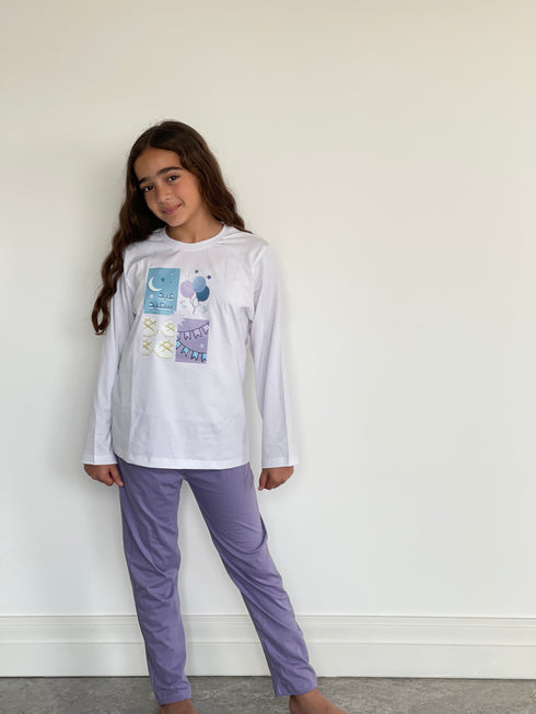 Girls summer Eid pajama set White t-shirt + Light Mauve Pants